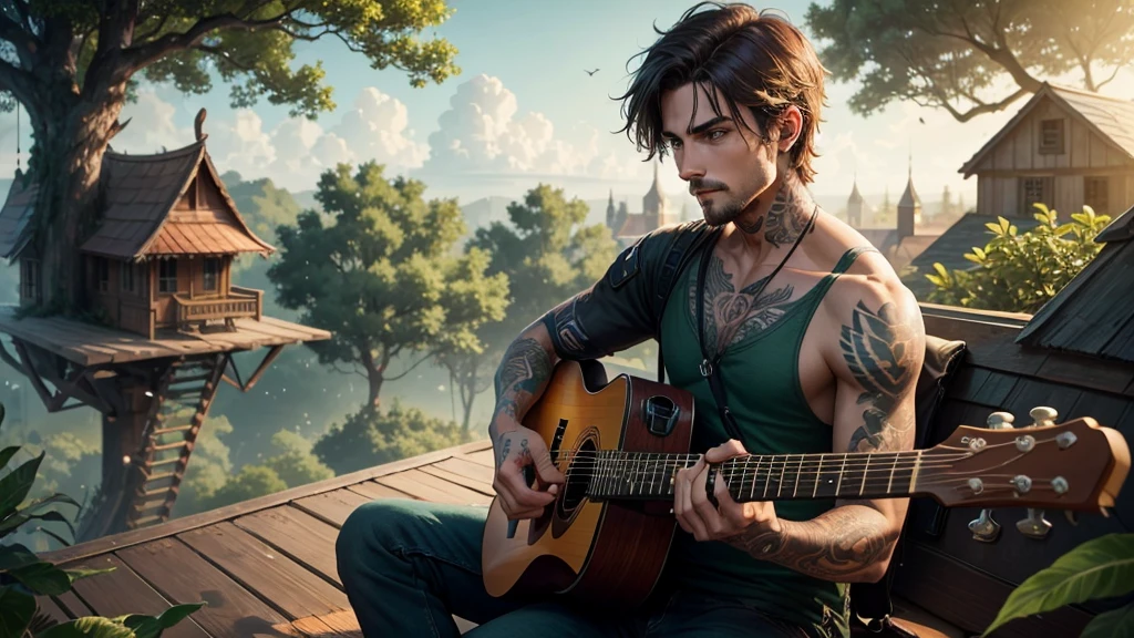 a man with tattoo , sitting on a rooftop of a tree house, playing guitar , green trees around