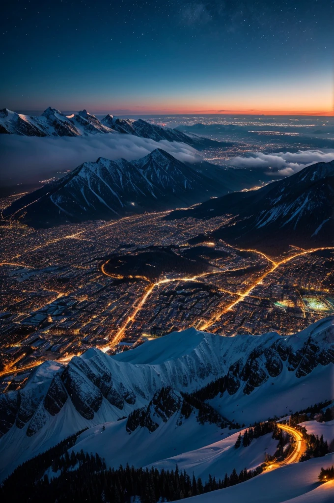 Beautiful mountain at night with the city lit up below