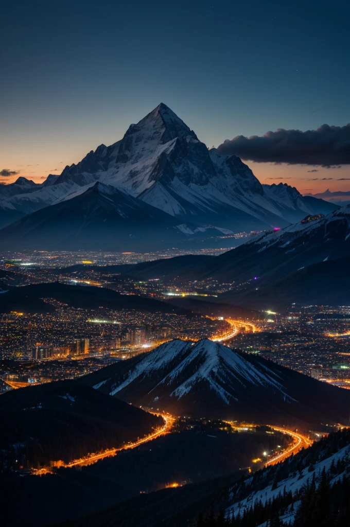 Beautiful mountain at night with the city lit up below 