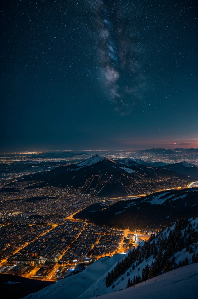 Beautiful mountain at night with the city lit up below 