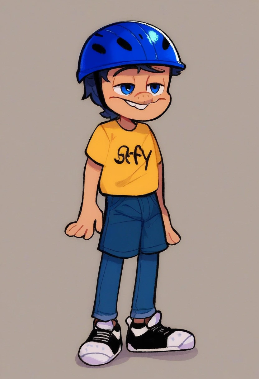 jeffy, solo, smile, simple background, shirt, 1boy, standing, full body, male focus, shoes, shorts, black footwear, t-shirt, blue headwear, cigarette, yellow shirt, young adult, buck teeth, blue eyes, blue bicycle helmet, dark brown messy hair, pencil shoved up nose, blue crossed eyes, jeffy text on shirt, short dark blue jeans, pamper diaper on outside of pants, short dark blue jeans, unibrow, tall