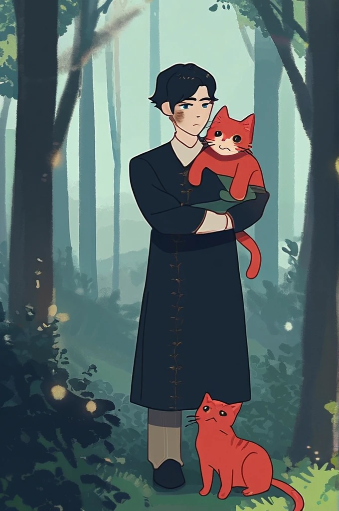 ((Лучшее качество)), ((шедевр)), (подробный), A very thin guy is standing in the woods. He has long black hair and blue eyes. his clothes are dirty and torn. He is holding a red cat in his arms.