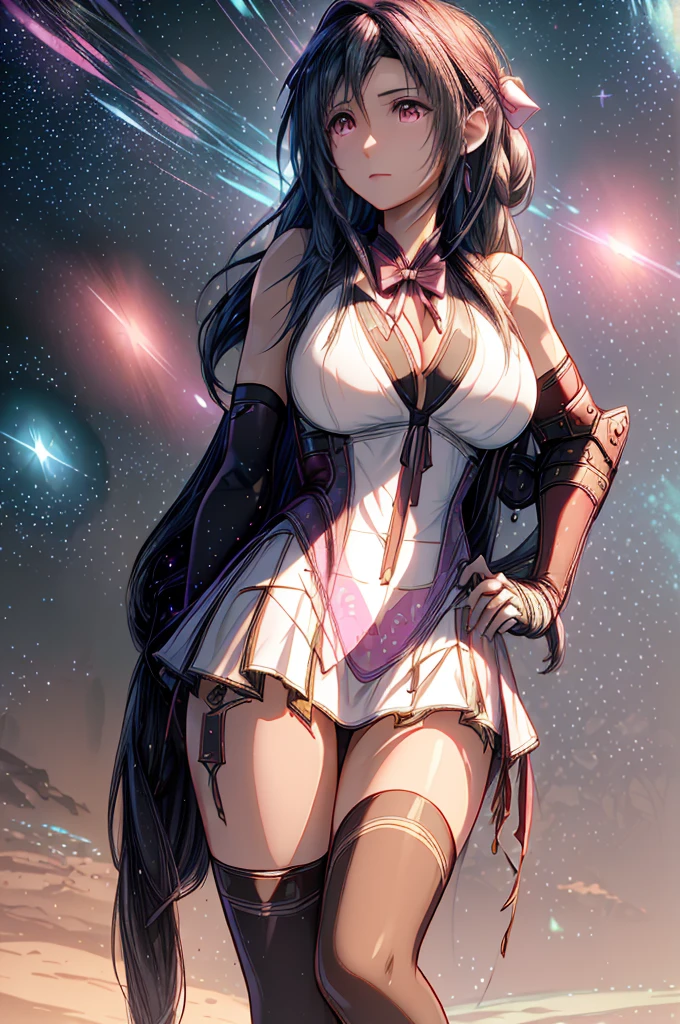 master part, high, high quality, detailed face, detailed body rendering, full body 1girl, solo, nude, hyuuga hinata, large breasts, dark lips, nude shoulders, Standing, Blushes, smile, sexy pose, full body, space, moon and stars, nebula, galaxy,