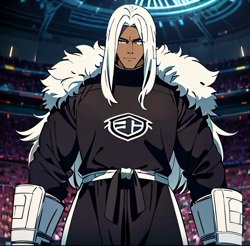 Soccer goalie with level 10  black aura, tall, (large mammoth in background), long white hair, (dark brown skin), black and white soccer jersey, goalkeeper gloves, purple eyes, masculine features, 