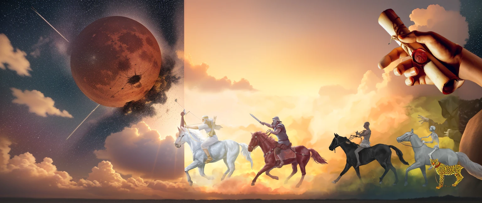 black sun in the sky, red moon in the sky, stars falling down