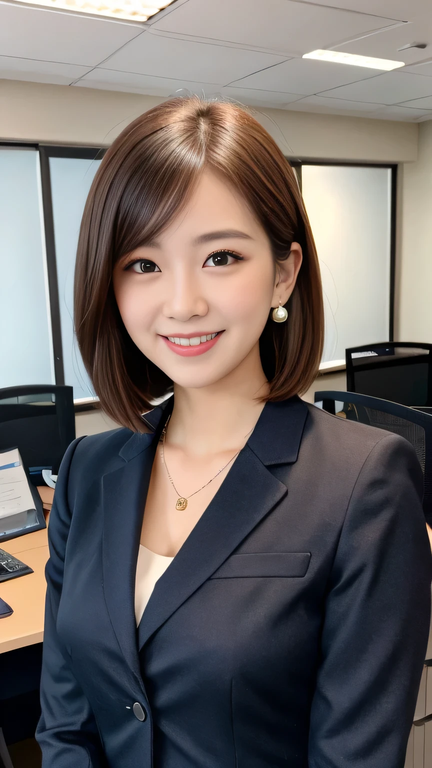 Highest quality:1.2), RAW Photos, High resolution, Very detailed, Intricate details, short hair、ear piercing、smile、Black Hair, (Front view, ), Clear beauty, Standing in office room, Upper Body, (High quality fabric, Office Lady Suit 、Necklace around the neck、, The background is the office
