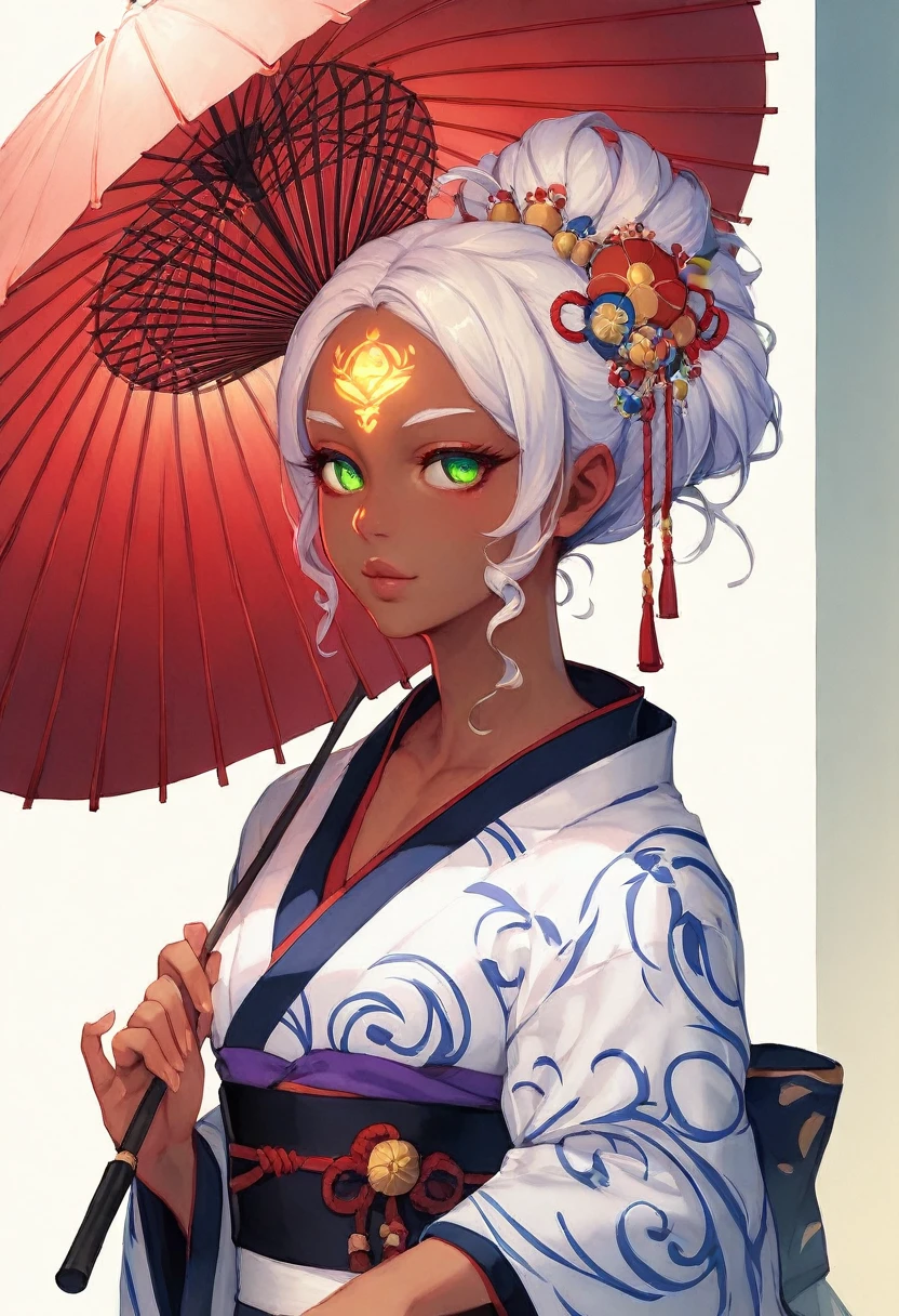 a dark-skinned anime geisha with green eyes holding a parasol, admirer, beautiful detailed eyes, beautiful detailed lips, extremely detailed eyes and face, long eyelashes, intricate kimono, detailed hair ornaments, cinematic lighting, glowing skin, moody lighting, dramatic shadows, mist and fog, cherry blossom petals, traditional japanese architecture, (best quality,4k,8k,highres,masterpiece:1.2),ultra-detailed,(realistic,photorealistic,photo-realistic:1.37),vibrant colors,cinematic composition