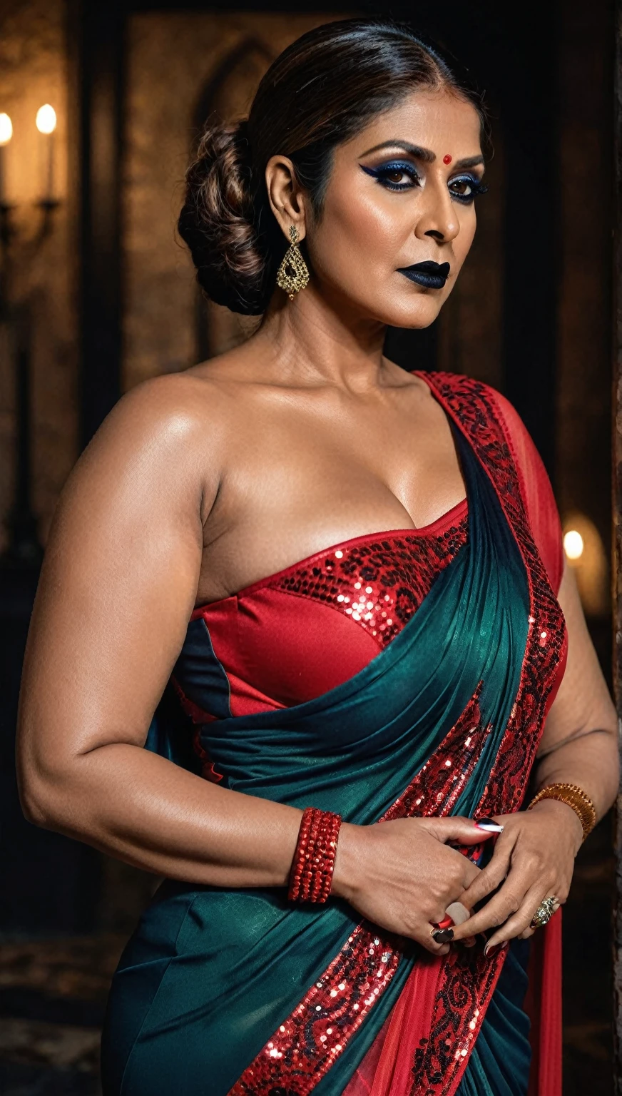 Looks like Nayanthara, milf, cougar lady witch, ????? Gothic milf, 50 years old gorgeous mature lady, pervert demoness, demoness of lust, curvy, black lips, ????? face, extremely gorgeous, thick figure, heavy physique, voluptuous, curvy, sexy figure, Fashionable portrait of androgynous alien looking witch wearing veil, glowing eyes, futuristic design, minimal details, givenchy, photoreal, 200mm, hd, f/ 2.0, highly detailed, surreal, sexy beautiful evil woman, sexy bold sequin Saree with strapless Bra, chudail, Pishachini, horror genre, blood-thirsty enchantress, powerful female spirit, eerie, drop dead, in the style of red and blue, (intricate details, hyperdetailed:1.15) (skin texture:1.2), dark Moody tone, cinematic lighting, haunted place in background,
