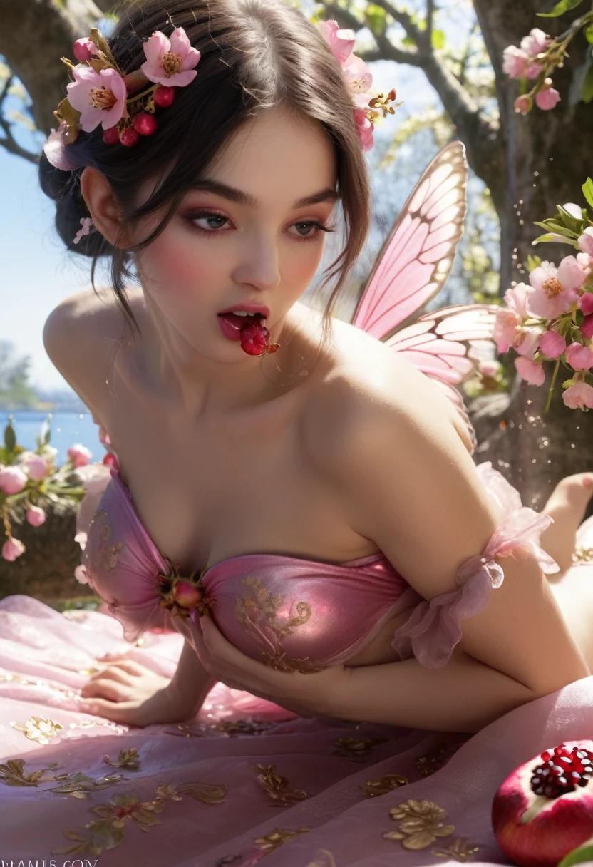 naked fairy showing her ass pretty pink vagina dark butterfly wings labia fairy, goddess figure, pomegranate, juicy, fruiting flowers, blossoms, spring, closeup (elaborate details, baroque 1.5) ((rising a giant cock 1.8))