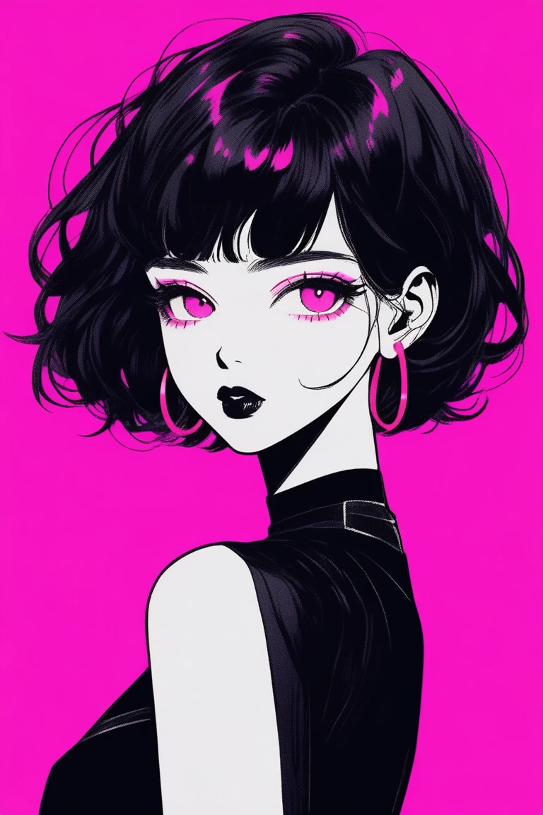 (Best quality, sketch:1.2),realistic,illustrator,anime,1 girl, detailed lips, black dress,custom, (dark monochrome background),neon hair,Textured trim, masterpiece, retro classic style, dark black, art, sketch book, (black bob hair:1.75 neon:1.32), bad women , dark monochrome background