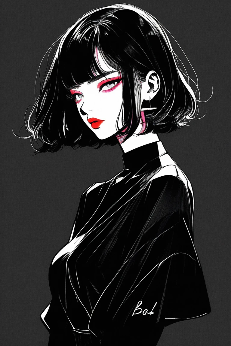 (Best quality, sketch:1.2),realistic,illustrator,anime,1 girl, detailed lips, black dress,custom, (dark monochrome background),neon hair,Textured trim, masterpiece, retro classic style, dark black, art, sketch book, (black bob hair:1.75 neon:1.32), bad women , dark monochrome background