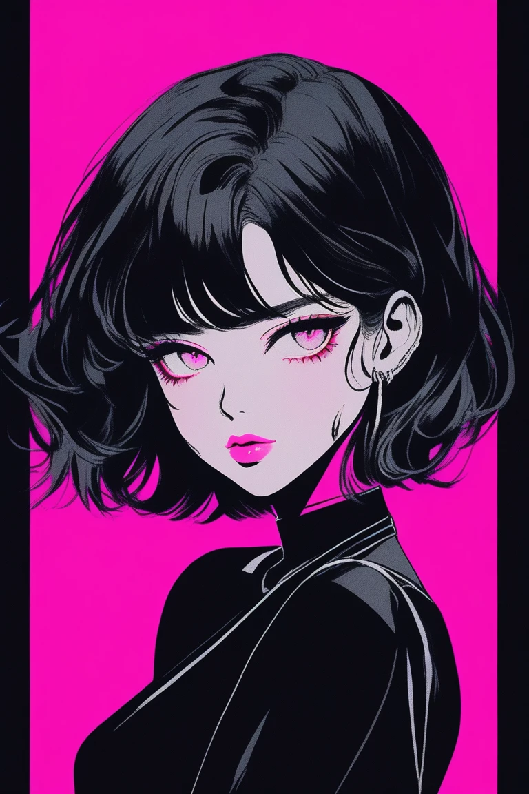 (Best quality, sketch:1.2),realistic,illustrator,anime,1 girl, detailed lips, black dress,custom, (dark monochrome background),neon hair,Textured trim, masterpiece, retro classic style, dark black, art, sketch book, (black bob hair:1.75 neon:1.32), bad women , dark monochrome background