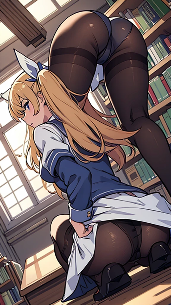 Pantyhose,high school girl,Angle from below,Crouching,library