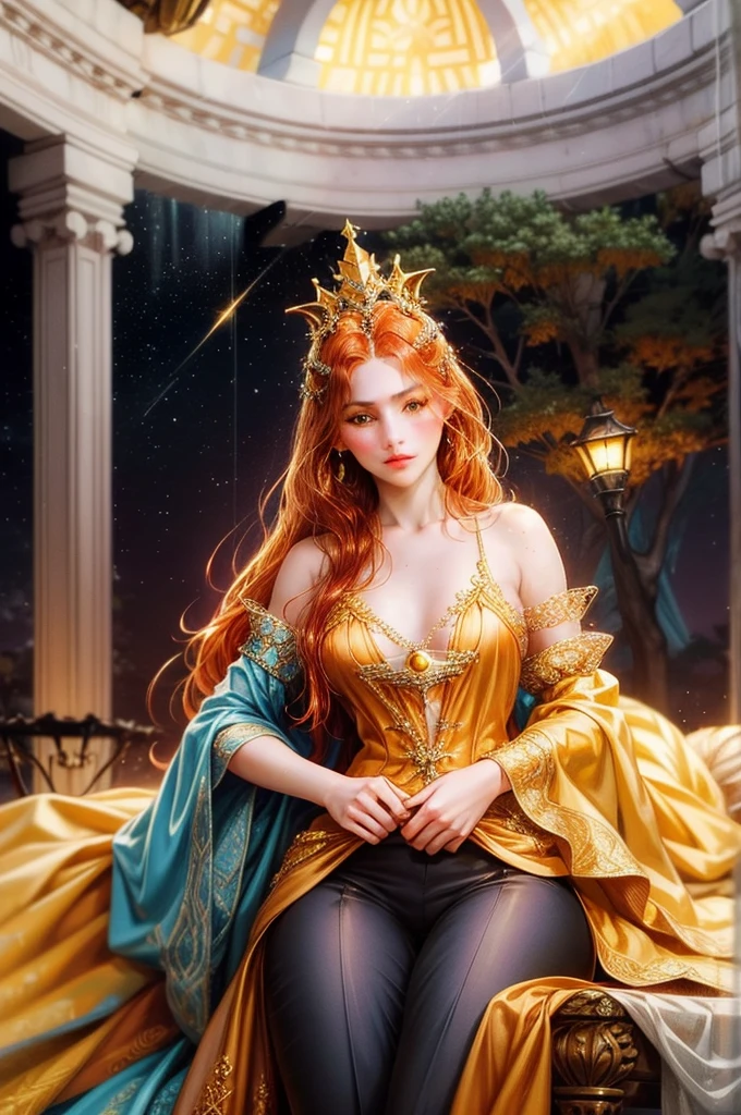 an incredibly beautiful 18-year-old sultan woman with copper-red hair, (((aquiline face))) and (((yellow eyes))), a ((tanned skin)) and with a short and thin body, with many freckles on her face, she dresses in a rich long silk spacey pants and a silk vest and uses a golden crown in a format of eight suns and six pendants of suns falling on the face, and she is lying in a golden throne