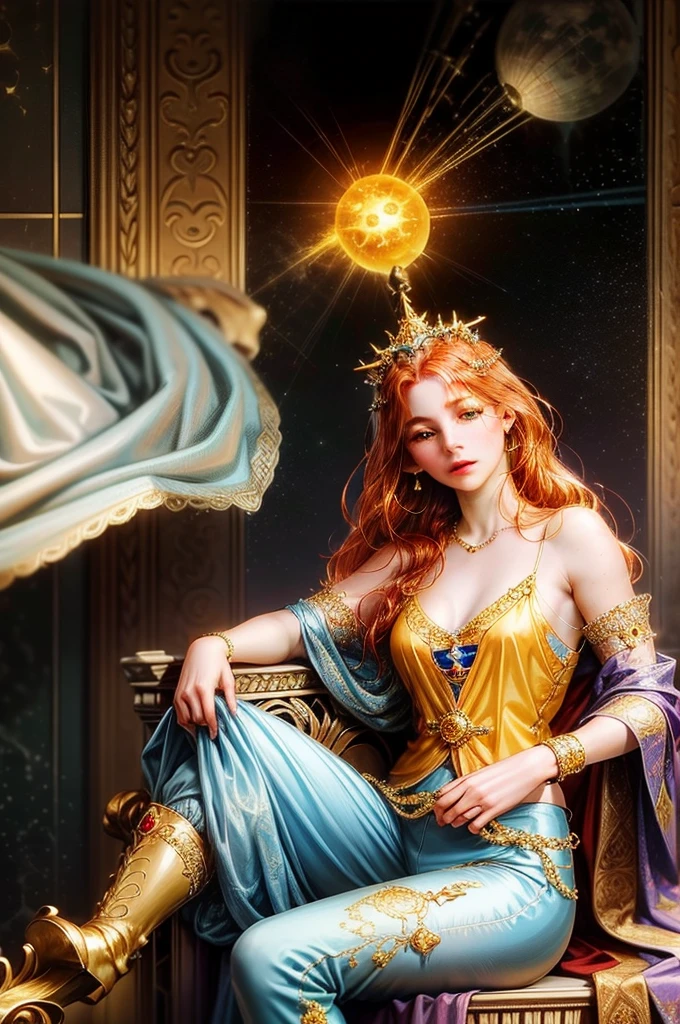 an incredibly beautiful 18-year-old sultan woman with copper-red hair, (((aquiline face))) and (((yellow eyes))), a ((tanned skin)) and with a short and thin body, with many freckles on her face, she dresses in a rich long silk spacey pants and a silk vest and uses a golden crown in a format of eight suns and six pendants of suns falling on the face, and she is lying in a golden throne