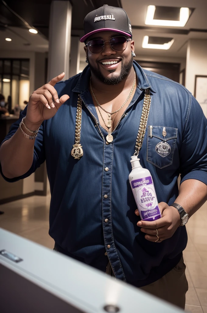 A big guy looks similar to the rap singer Central with a bottle of codeine in his hand Smiling with his tooth studded with Ice