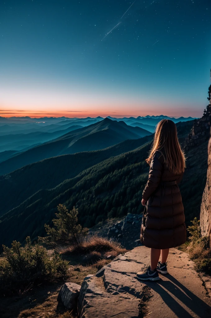 Cute woman on top of the mountain at night, looking at the horizon with a feeling of sadness