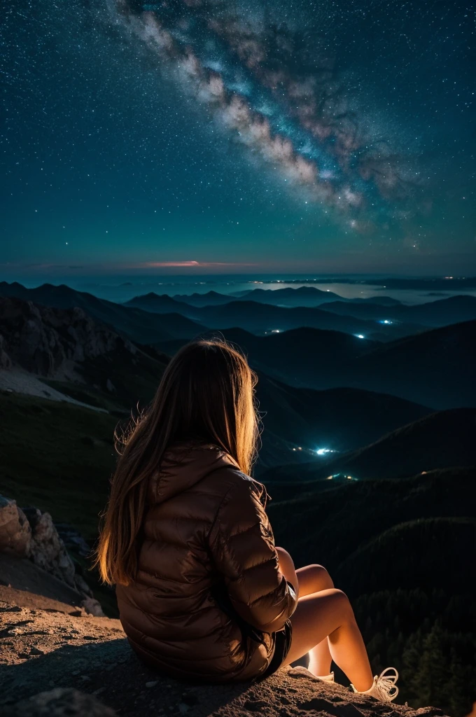 Cute woman on top of the mountain at night, looking at the horizon with a feeling of sadness