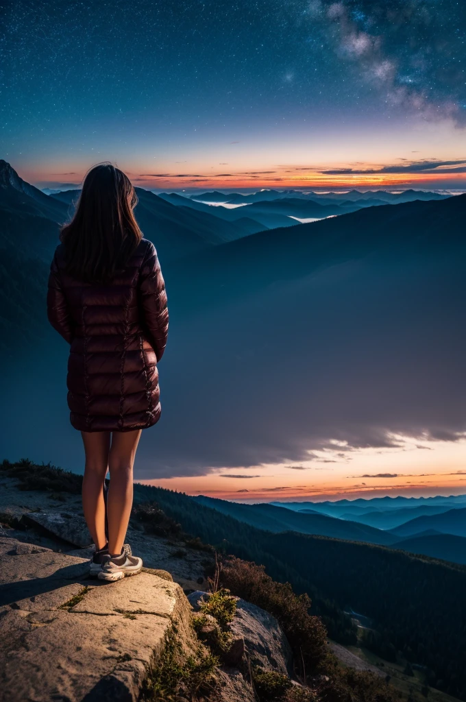 Cute woman on top of the mountain at night, looking at the horizon with a feeling of sadness