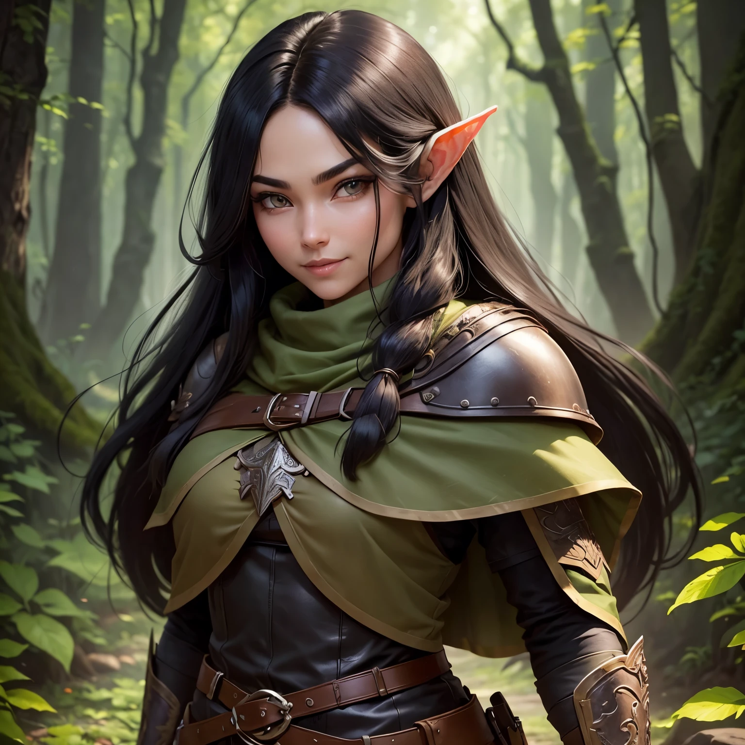 A female Elf Ranger. Born from the forest. Leather armor that blends in with the underbody and cape to become invisible. Long Black Hair with Chunky Design. Super detailed eyes .shy smile.His gaze would be intense and serious. fully body .ready for action at any time.