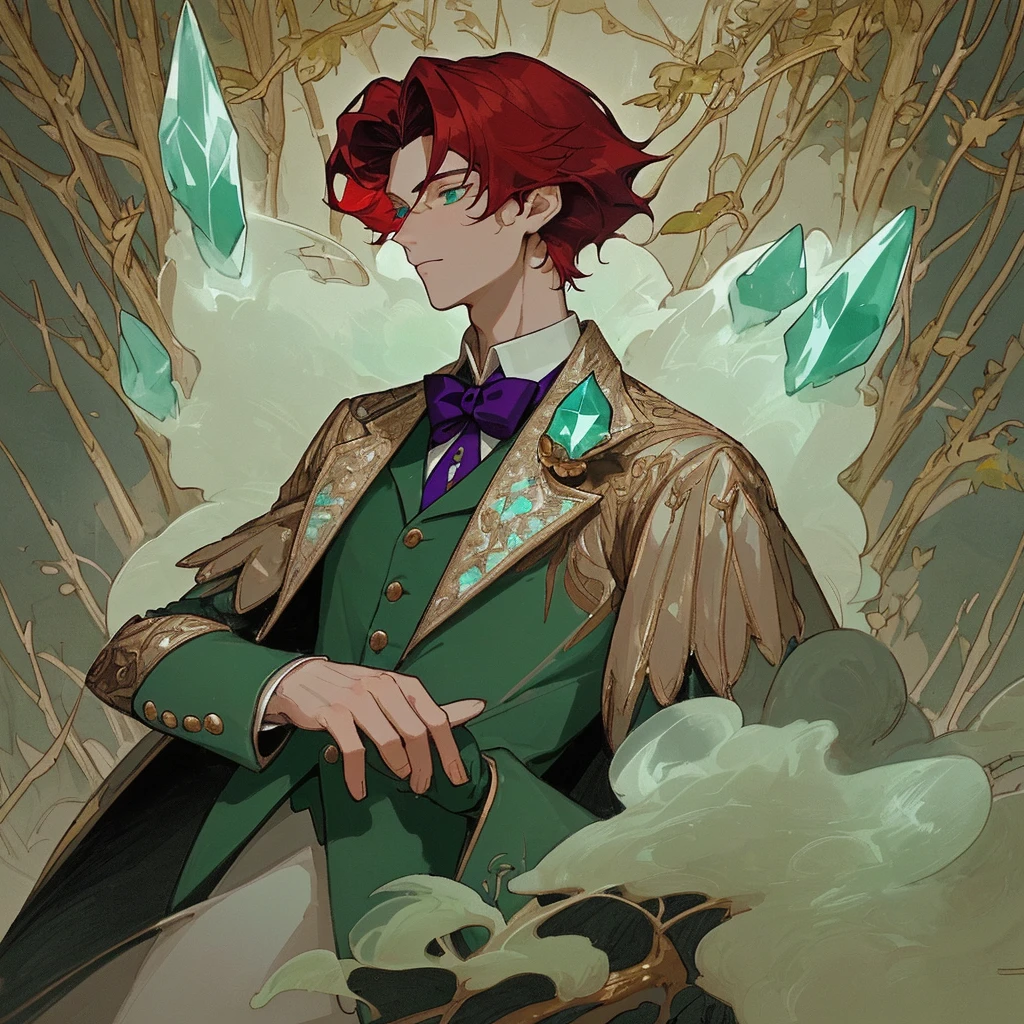 **detailed drawing** **4k ** **sharp** 

The image shows a young man with deep red hair, elegant hairstyle. His eyes have heterochromia, with one gold and the other purple, which gives it a mystical and captivating appearance. his skin is dark, with a dark complexion that stands out under the light of the environment.

The young man is dressed in an old costume from the Victorian era, consisting of an elegant cut jacket, a vest and a shirt with a high collar. The details of the suit, like buttons and embroidery, They are intricate and reflect the fashion of the time.

The background of the illustration is an enchanted forest, full of tall and leafy trees. The forest atmosphere is magical, with small lights in the form of aqua green crystals floating around the young man. These lights add a touch of mystery and fantasy to the scene.

The forest is bathed in a dim light, possibly from the moon, that creates shadows and highlights the details of the environment. The combination of the young man&#39;s Victorian clothing and the magical atmosphere of the forest creates a scene that seems straight out of a fairy tale.