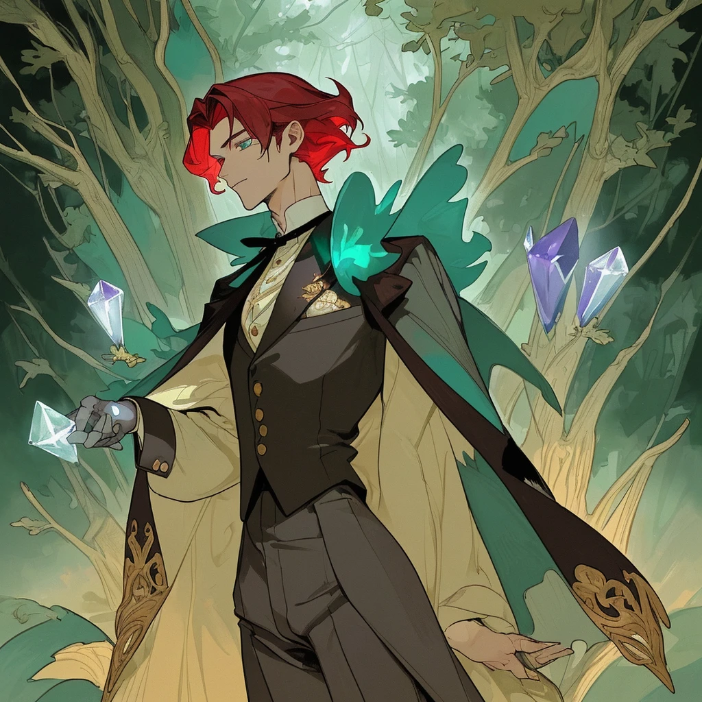 **detailed drawing** **4k ** **sharp**
The image shows a young man with deep red hair, elegant hairstyle. His eyes have heterochromia, with one gold and the other purple, which gives it a mystical and captivating appearance. his skin is dark, with a dark complexion that stands out under the light of the environment.
The young man is dressed in an old costume from the Victorian era, consisting of an elegant cut jacket, a vest and a shirt with a high collar. The details of the suit, like buttons and embroidery, They are intricate and reflect the fashion of the time.
The background of the illustration is an enchanted forest, full of tall and leafy trees. The forest atmosphere is magical, with small lights in the form of aqua green crystals floating around the young man. These lights add a touch of mystery and fantasy to the scene.
The forest is bathed in a dim light, possibly from the moon, that creates shadows and highlights the details of the environment. The combination of the young man's Victorian clothing and the magical atmosphere of the forest creates a scene that seems straight out of a fairy tale.