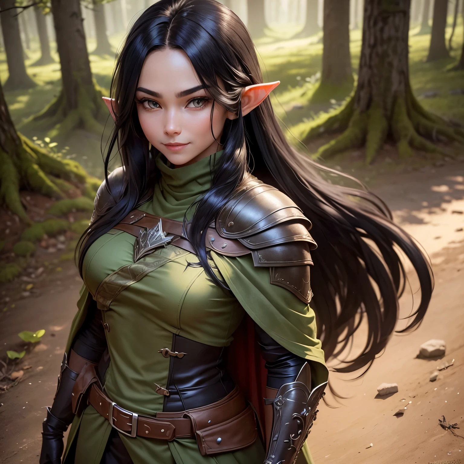 A female Elf Ranger. Born from the forest. Leather armor that blends in with the underbody and cape to become invisible. Long Black Hair with Chunky Design. Super detailed eyes .shy smile.His gaze would be intense and serious. fully body .ready for action at any time.