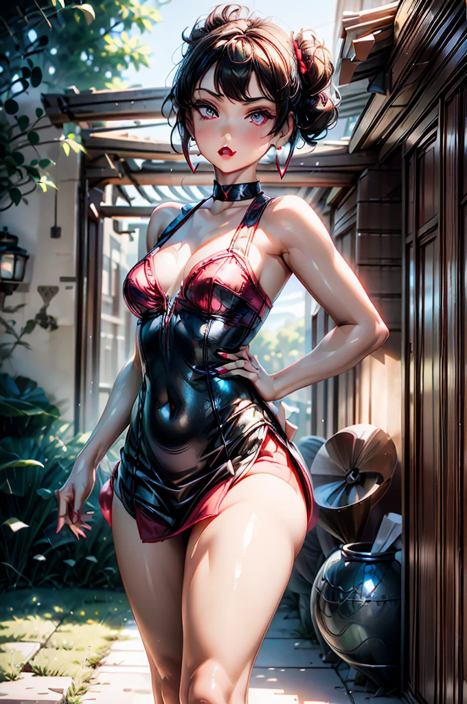 (8K HDR photorealistic pic), Betty Boop, short, althetic form, curvy lady, ((tight little red dress:1.2)), dark eyebrows, ((blush, black lipstick, hoop earrings)), dark eyeshadow, curvy silhouette, busty buxom body, (curly short black hair), shortstack, (retroussé breasts), darling figure, (supple pouting breasts), firm thighs, hourglass figure, kerchief, big brown eyes, dancing seductively, hazily lit bar