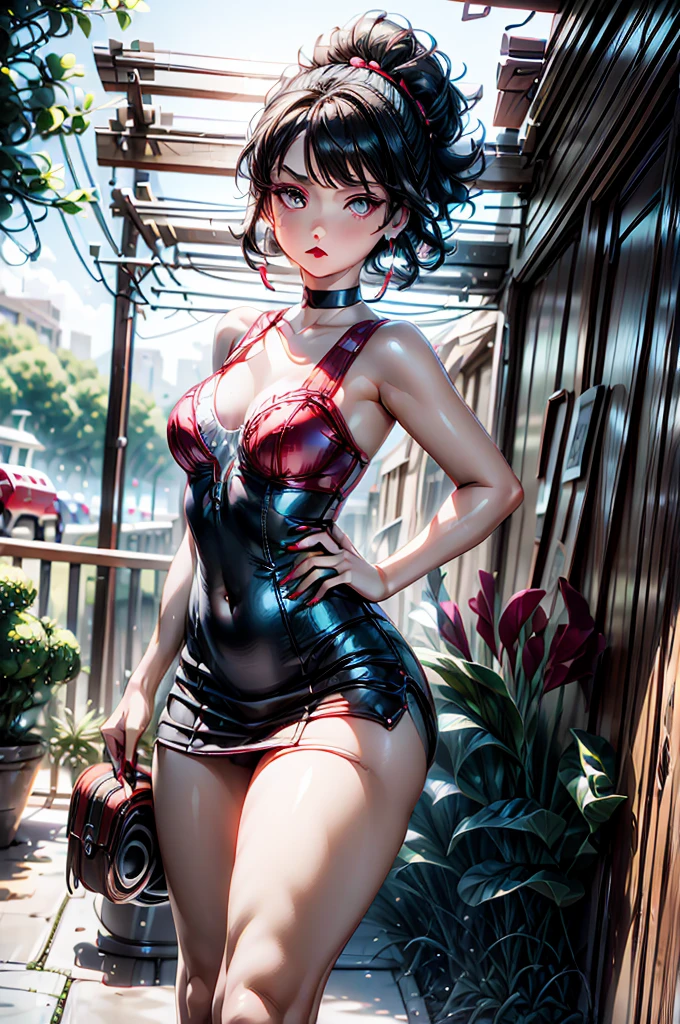 (8K HDR photorealistic pic), Betty Boop, short, althetic, curvy lady, ((tight little red dress)), dark eyebrows, ((blush, black lipstick, hoop earrings)), dark eyeshadow, curvy silhouette, busty buxom body, (curly short black hair), shortstack, (retroussé breasts), darling figure, (supple pouting breasts), firm thighs, hourglass figure, kerchief, big brown eyes, dancing seductively