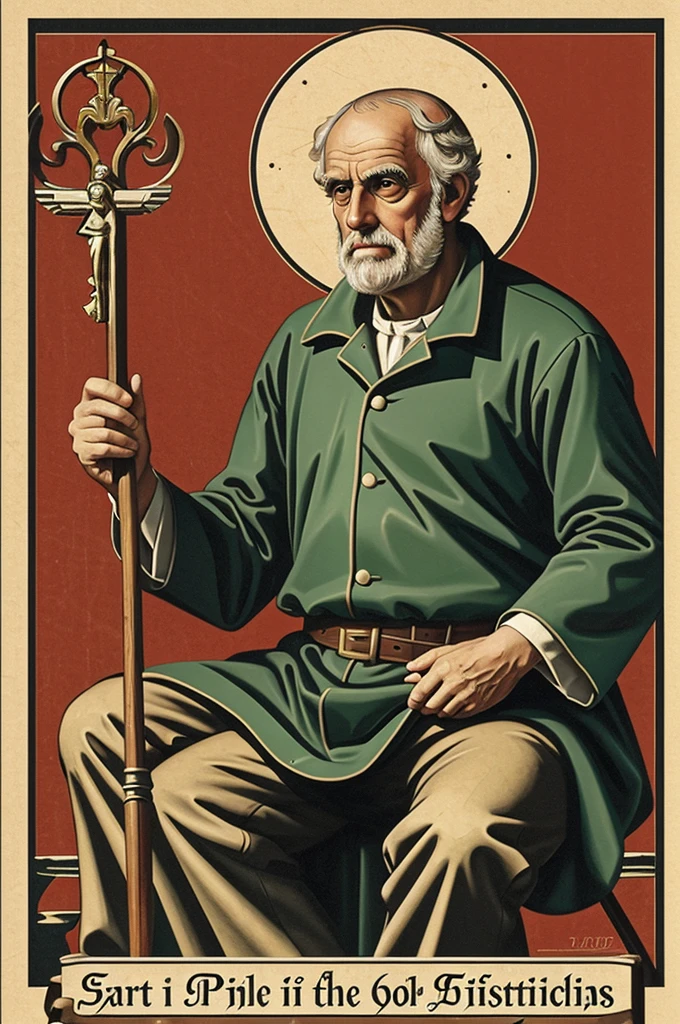 Saint Peter apostle sitting fishing Holding in one hand two large keys Vector type style
