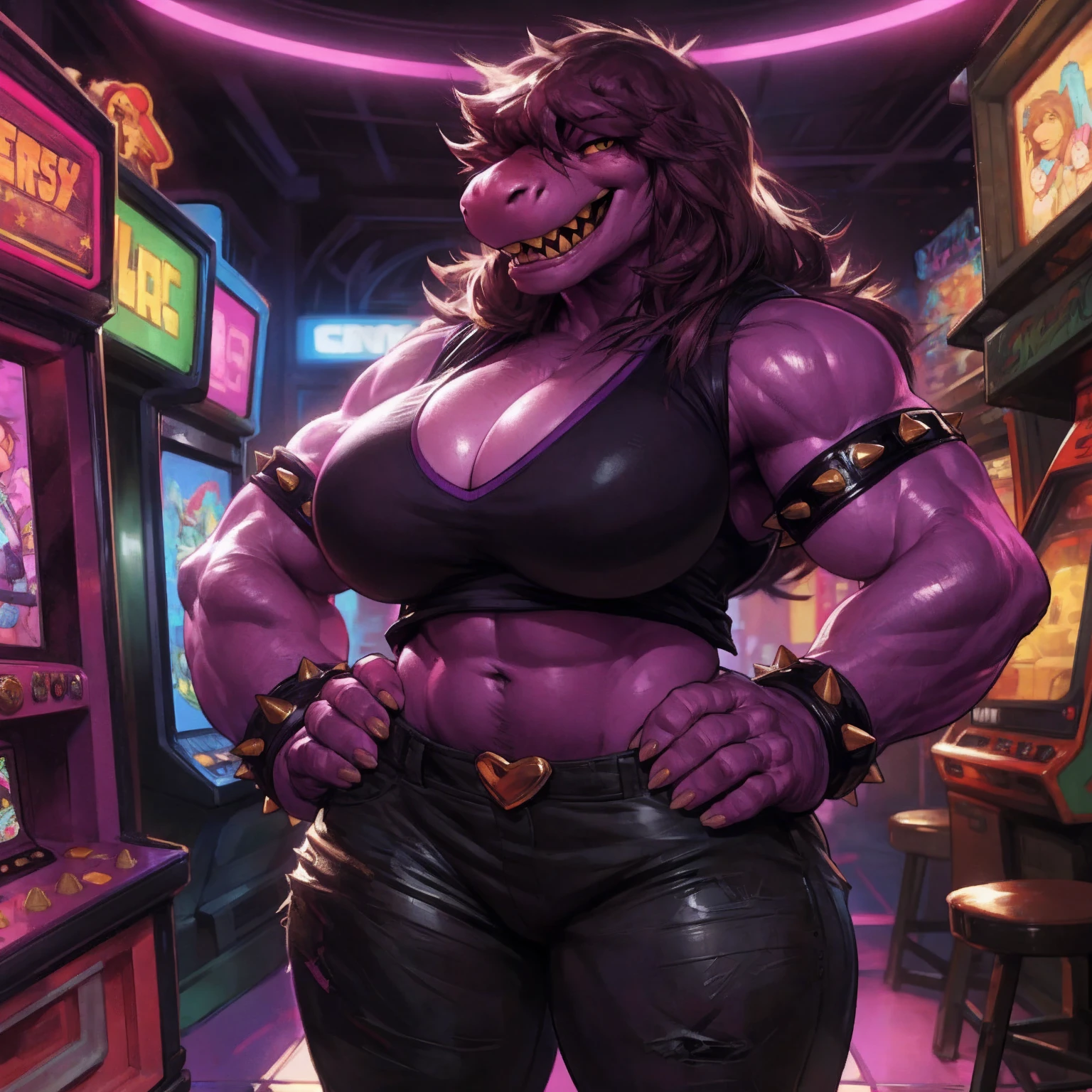 solo, 1girl, susie, susie deltarune, hands on hips, huge breasts, cleavage, bare midriff, standing upright, laughing, looking at viewer, arcade, game machines, full body, by darkgem, 