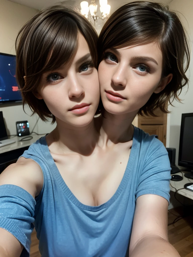 Selfie of 3 hot sweet innocent young European 22, ???????, short hot pants, looking up, {open mouth}