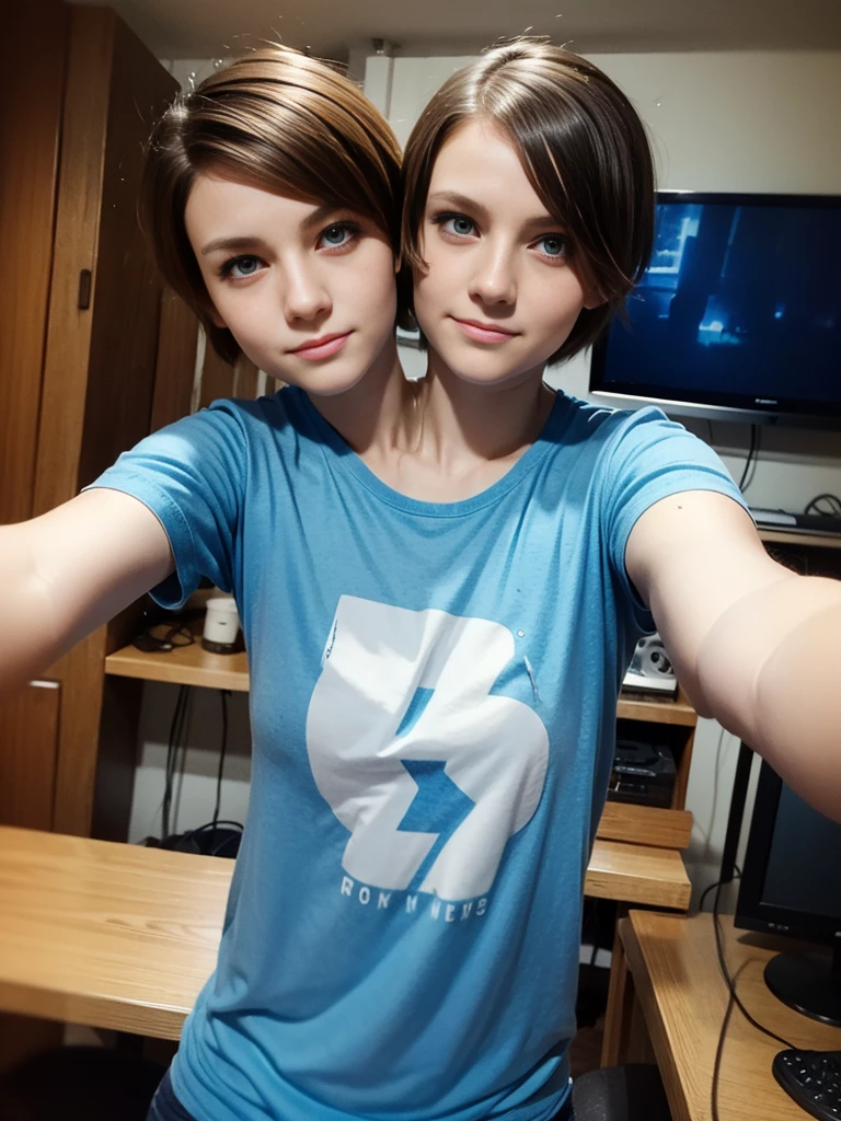 best resolution, 2 heads, tomboy with two heads, gaming room background, short hair, blue eyes, 23 years old, youthful, wearing casual clothes, messy hair, selfie shot