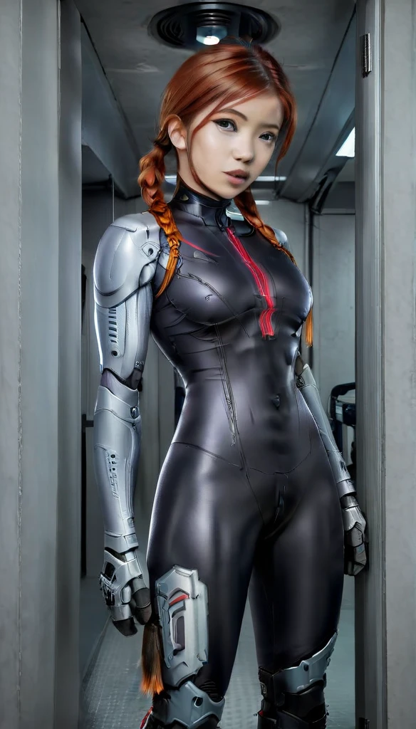 1 Girl、Medium Bust、solo、red Hair、Braid、Mobile Race Suit、Shoulder Armor、ceiling、Wide Shot、Looking Ahead、zipup suit 、Closed Mouth、Highest quality、medium quality、22 years old、Mobile Trace System、cockpit、Asian、CyborgCosplay