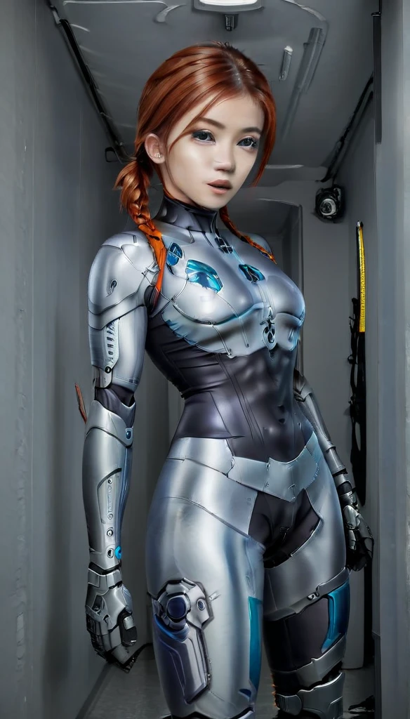 1 Girl、Medium Bust、solo、red Hair、Braid、Mobile Race Suit、Shoulder Armor、ceiling、Wide Shot、Looking Ahead、zipup suit 、Closed Mouth、Highest quality、medium quality、22 years old、Mobile Trace System、cockpit、Asian、CyborgCosplay

