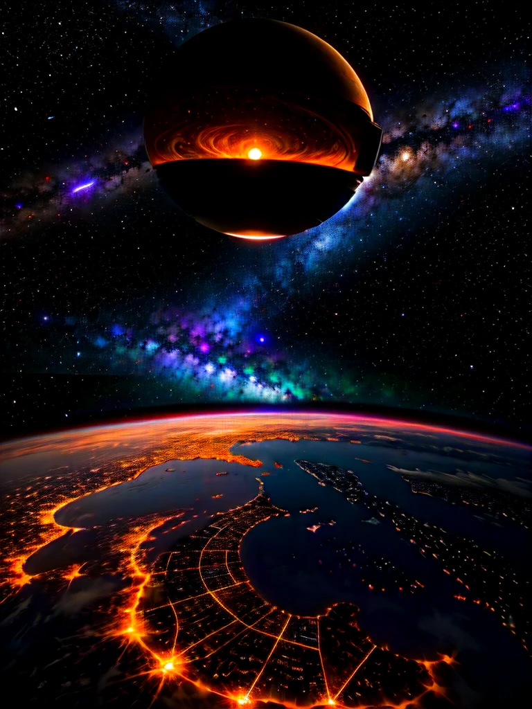 a stunning night sky,atmospheric outer space,planets aligning,ominous black hole,powerful sun,pulsing light,epic supernova,best quality,8k,highres,masterpiece:1.2,ultra-detailed,realistic,photorealistic:1.37,HDR,UHD,studio lighting,ultra-fine painting,sharp focus,physically-based rendering,extreme detail description,professional,vivid colors,bokeh,cinematic,dramatic lighting,epic scale