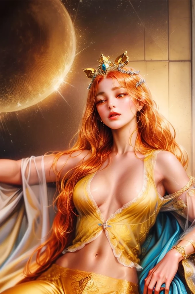 an incredibly beautiful 18-year-old sultan woman with copper-red hair, (((aquiline face))) and (((yellow eyes))), a ((tanned skin)) and with a short and thin body, with many freckles on her face, she dresses in a rich long silk spacey pants and a silk vest and uses a golden crown in a format of eight suns and six pendants of suns falling on the face, and she is lying in a golden throne