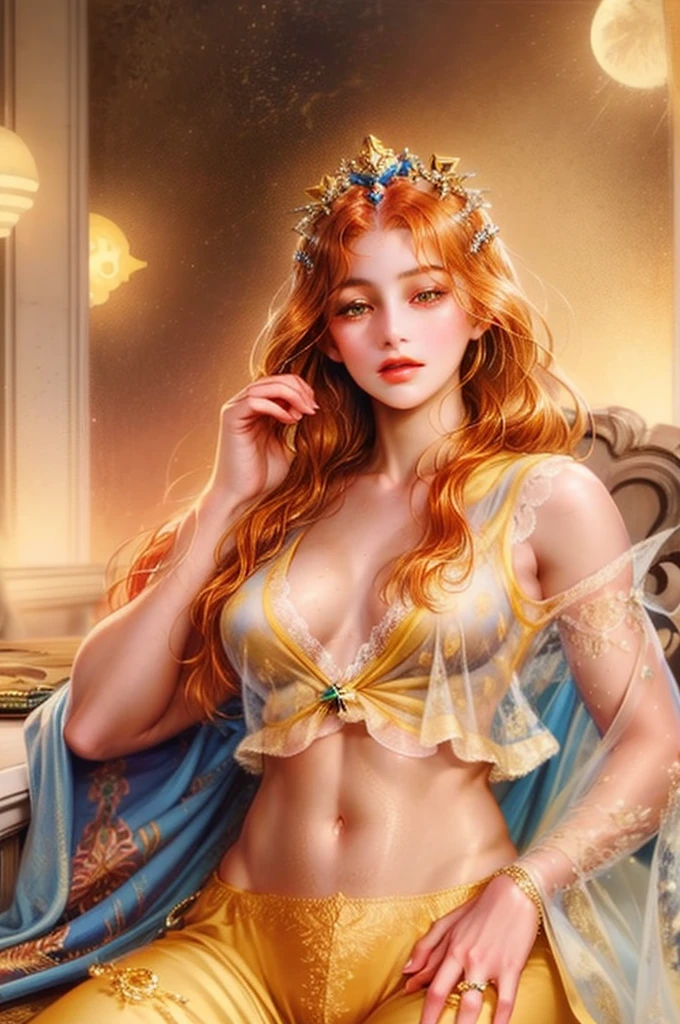 an incredibly beautiful 18-year-old sultan woman with copper-red hair, (((aquiline face))) and (((yellow eyes))), a ((tanned skin)) and with a short and thin body, with many freckles on her face, she dresses in a rich long silk spacey pants and a silk vest and uses a golden crown in a format of eight suns and six pendants of suns falling on the face, and she is lying in a golden throne