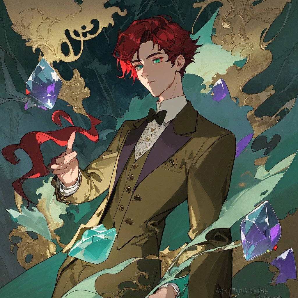 **detailed drawing** **4k ** **sharp** 

The image shows a young man with deep red hair, elegant hairstyle. His eyes have heterochromia, with one gold and the other purple, which gives it a mystical and captivating appearance. his skin is dark, with a dark complexion that stands out under the light of the environment.

The young man is dressed in an old costume from the Victorian era, consisting of an elegant cut jacket, a vest and a shirt with a high collar. The details of the suit, like buttons and embroidery, They are intricate and reflect the fashion of the time.

The background of the illustration is an enchanted forest, full of tall and leafy trees. The forest atmosphere is magical, with small lights in the form of aqua green crystals floating around the young man. These lights add a touch of mystery and fantasy to the scene.

The forest is bathed in a dim light, possibly from the moon, that creates shadows and highlights the details of the environment. The combination of the young man&#39;s Victorian clothing and the magical atmosphere of the forest creates a scene that seems straight out of a fairy tale.