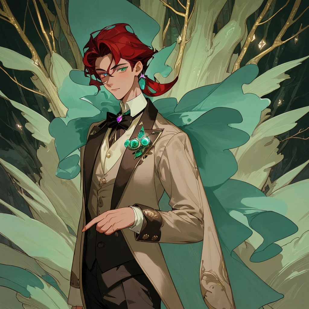 **detailed drawing** **4k ** **sharp**
The image shows a young man with deep red hair, elegant hairstyle. His eyes have heterochromia, with one gold and the other purple, which gives it a mystical and captivating appearance. his skin is dark, with a dark complexion that stands out under the light of the environment.
The young man is dressed in an old costume from the Victorian era, consisting of an elegant cut jacket, a vest and a shirt with a high collar. The details of the suit, like buttons and embroidery, They are intricate and reflect the fashion of the time.
The background of the illustration is an enchanted forest, full of tall and leafy trees. The forest atmosphere is magical, with small lights in the form of aqua green crystals floating around the young man. These lights add a touch of mystery and fantasy to the scene.
The forest is bathed in a dim light, possibly from the moon, that creates shadows and highlights the details of the environment. The combination of the young man's Victorian clothing and the magical atmosphere of the forest creates a scene that seems straight out of a fairy tale.