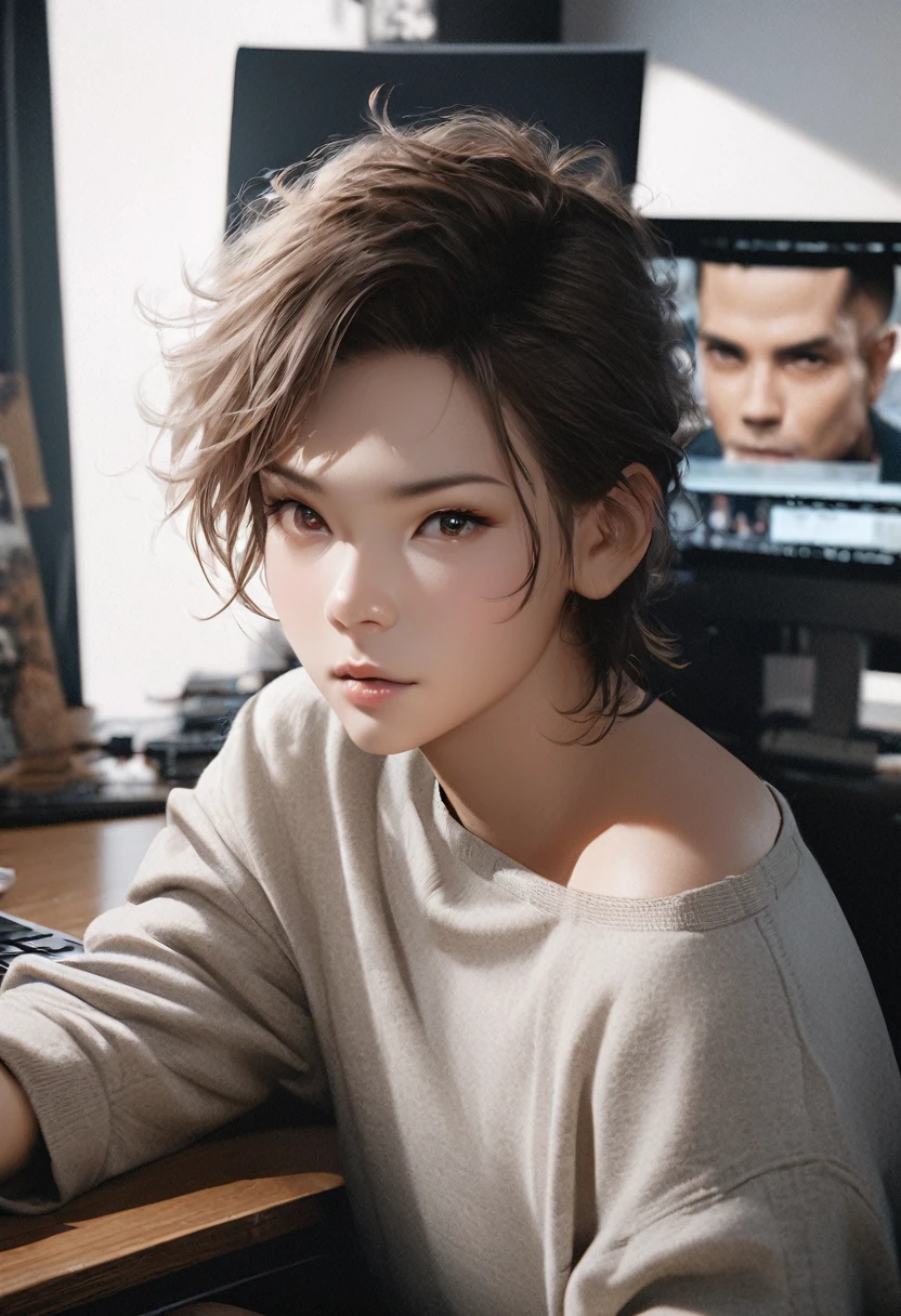 neko anime boy man best quality, work of art, ultra high resolution, (photorrealistic:1.4), CRU photo, , Off The Shoulder, , with sweatshirt facing the computer ( 1080 x 1080)