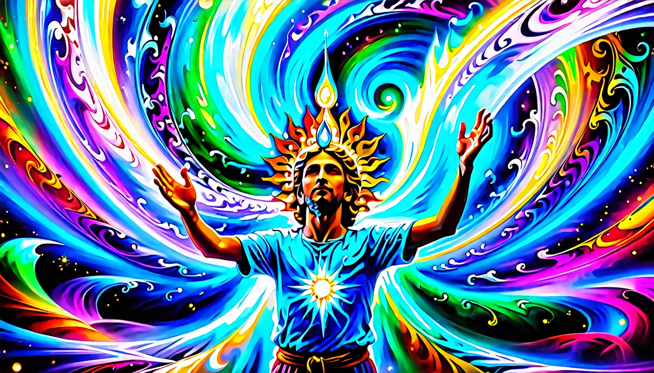 "Create a surreal digital artwork depicting a chosen one emitting radiant light and energy, floating in the center of the image. The chosen one should have a glowing, ethereal appearance, surrounded by swirling, vibrant colors that represent their spiritual power. Around the chosen one, there should be a crowd of people with awe-struck and curious expressions, some reaching out towards the figure while others appear to be recoiling. The background should feature abstract, cosmic elements with swirling patterns and vivid hues, enhancing the mystical atmosphere.