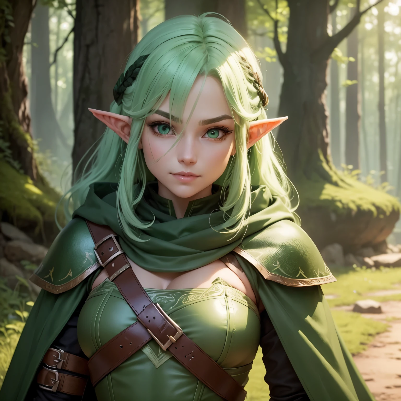 A female Elf Ranger. Born from the forest. Leather armor that blends in with the underbody and cape to become invisible. Long Light Green Hair with Chunky Design. Super detailed eyes .shy smile.His gaze would be intense and serious. fully body .ready for action at any time.