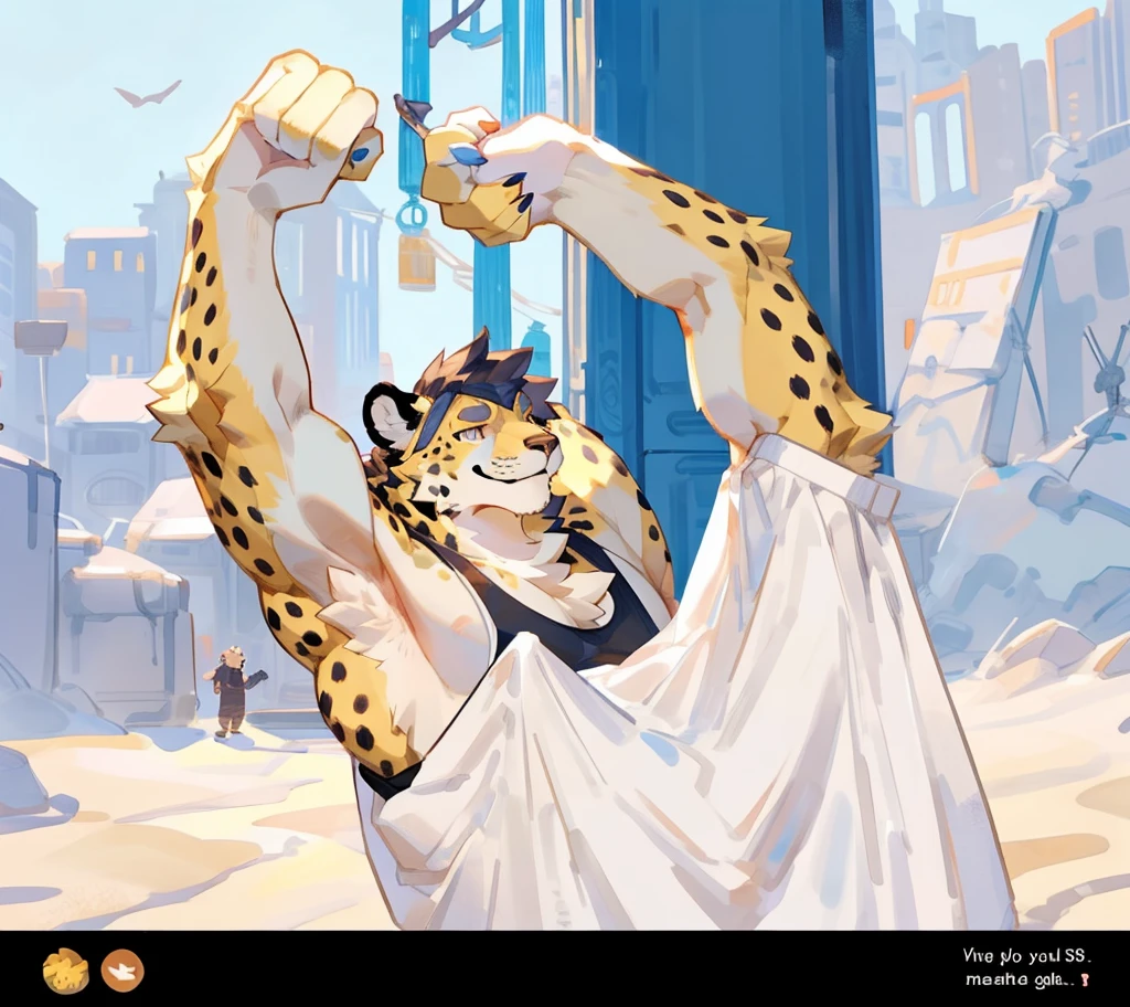 By bigcozyorca, by bebebebebe, by buta99, furry, young, big, strong and attractive, males, provocative poses, (hair, snout), cheetah, ((muscular, tall)) black tank top, smirking, yellow fur, yellow body, atlethic, stretchinh arms, flexing strong armpits, showing off big armpits, arrogant smile, strong armpits.