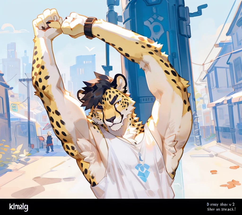 By bigcozyorca, by bebebebebe, by buta99, furry, young, teenager, big, strong and attractive, males, provocative poses, (hair, snout), cheetah, ((muscular, tall)) black tank top, smirking, yellow fur, yellow body, atlethic,  stretchinh arms, flexing strong armpits, showing off big armpits, arrogant smile, strong armpits, gym background.