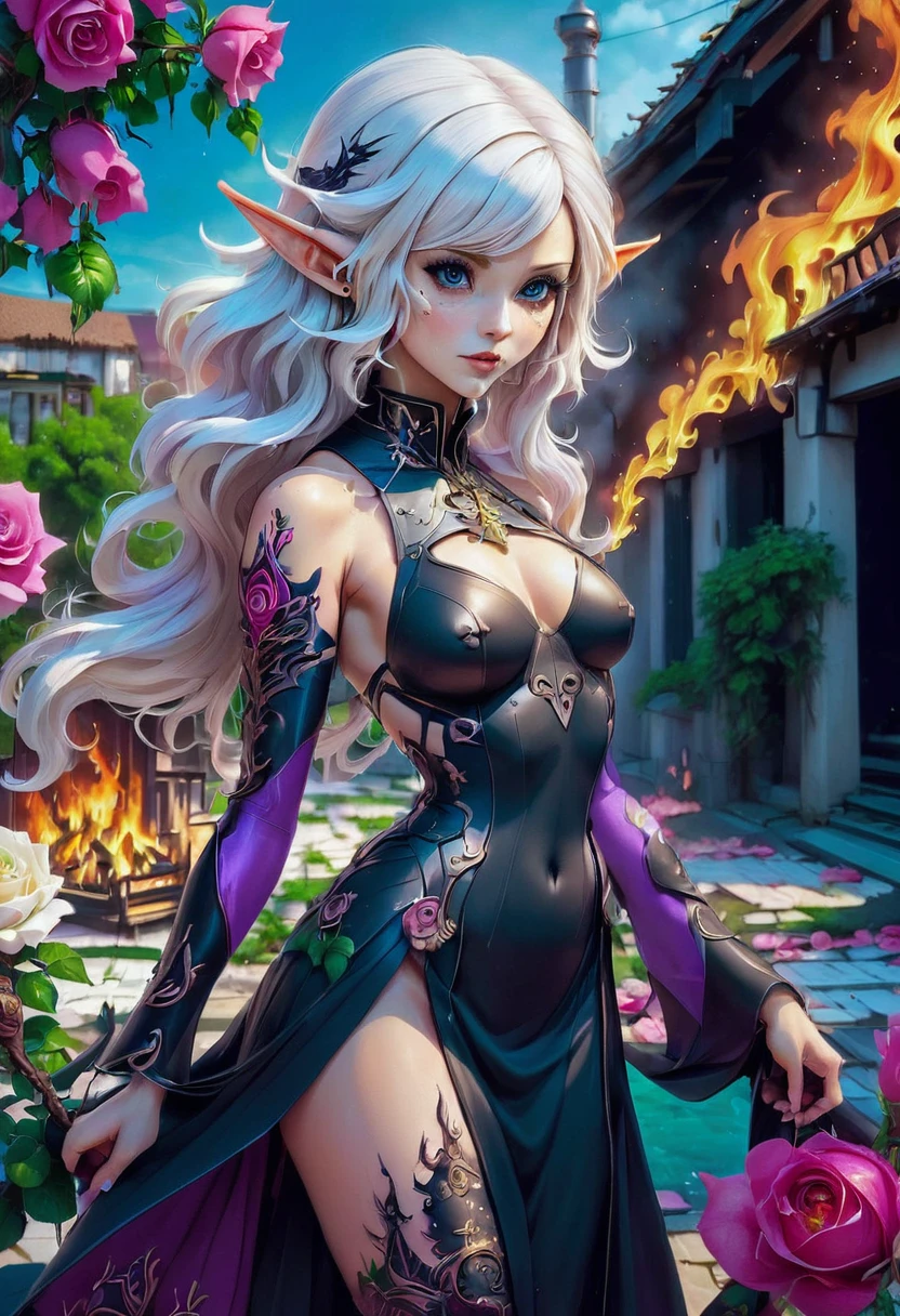 Arafed, Dark fantasy art, fantasy art, goth art, a picture of a tattoo on the back of a female elf, a glowing tattoo of a ((white rose: 1.3)) on the elf's back, the ((rose tattoo)) is vivid, intricate detailed coming to life from the ink to real life, GlowingRunesAI_purple, ((fire surrounds the rose petals: 1.5)), (small pointed ears: 1.2), shoot taken from the back, ((the back is visible: 1.3), she wears a transparent black dress, the dress is elegant, flowing, elven style, that the tattoos glow, dynamic hair color, dynamic hair style, faize,, Digital Painting