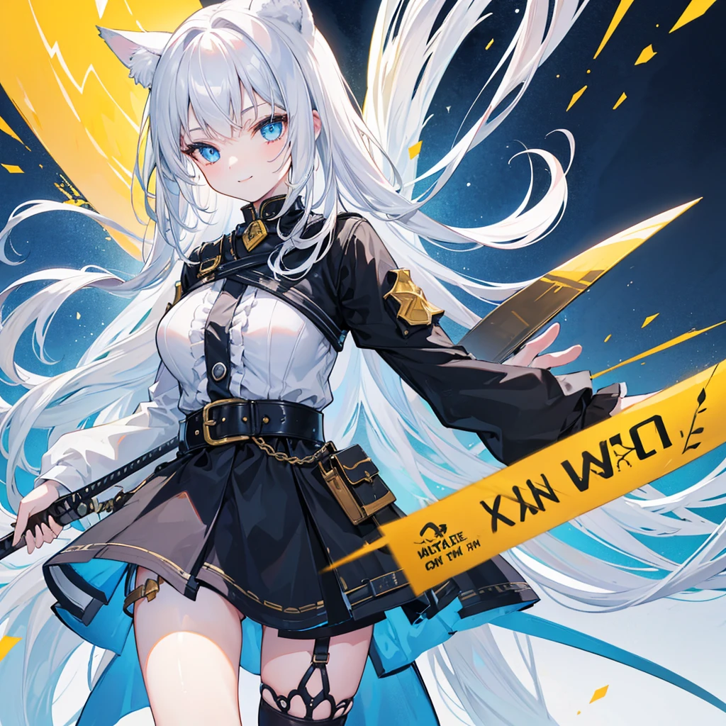 one girl,highest quality,cigarette in mouth,Very big breasts,long hair,very small height,dead pan,blue eyes,white hair,cat ears,cat tail,Black and white medieval fantasy dress with yellow trim.,Meadow Background,A brightly smiling face,waist belt,He has two swords strapped to his back.,Knee-length long coat with blue, black, and yellow trim,Mouth shape about to say something,board made of iron,One Girl,