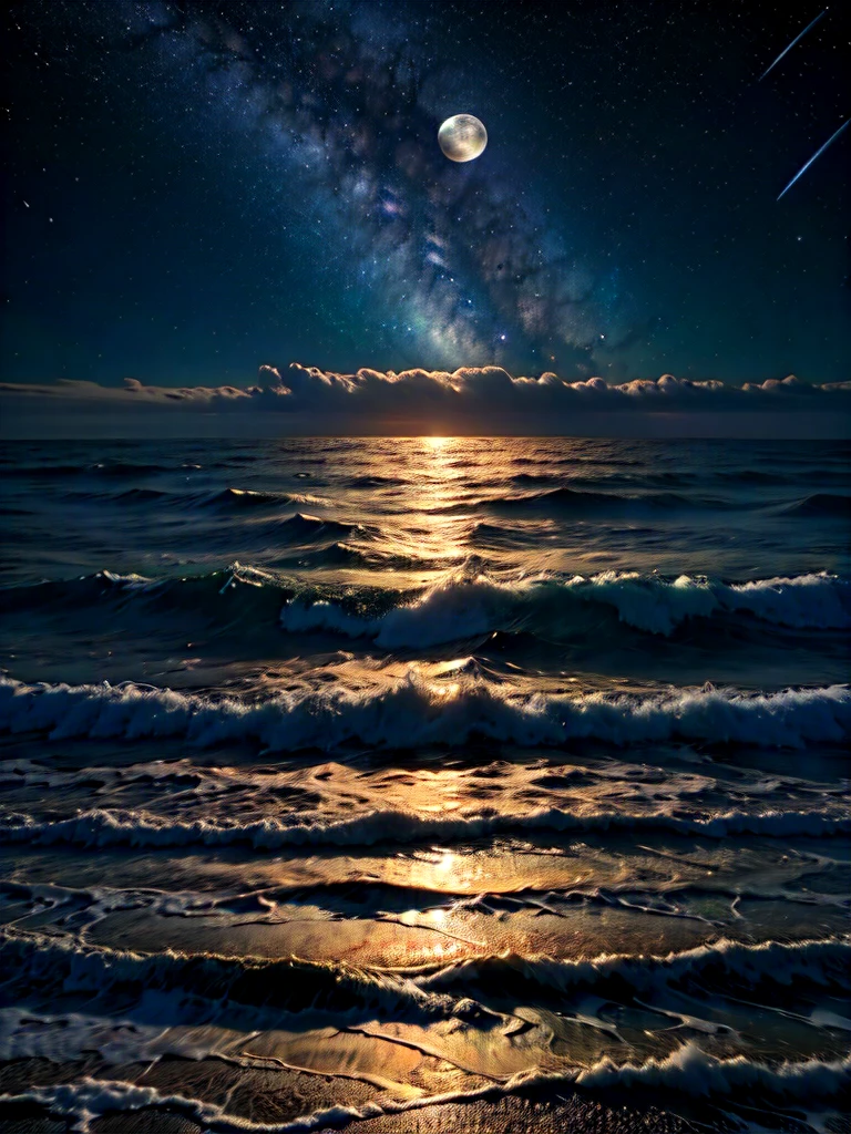 a breathtaking night landscape, serene ocean, dramatic sky with a large full moon, stars and galaxies in the distance, (best quality,4k,8k,highres,masterpiece:1.2),ultra-detailed,(realistic,photorealistic,photo-realistic:1.37),cinematic lighting,dramatic atmosphere,stunning colors,detailed ocean waves,moody clouds,glowing moon,twinkling stars,deep space background,distant galaxies