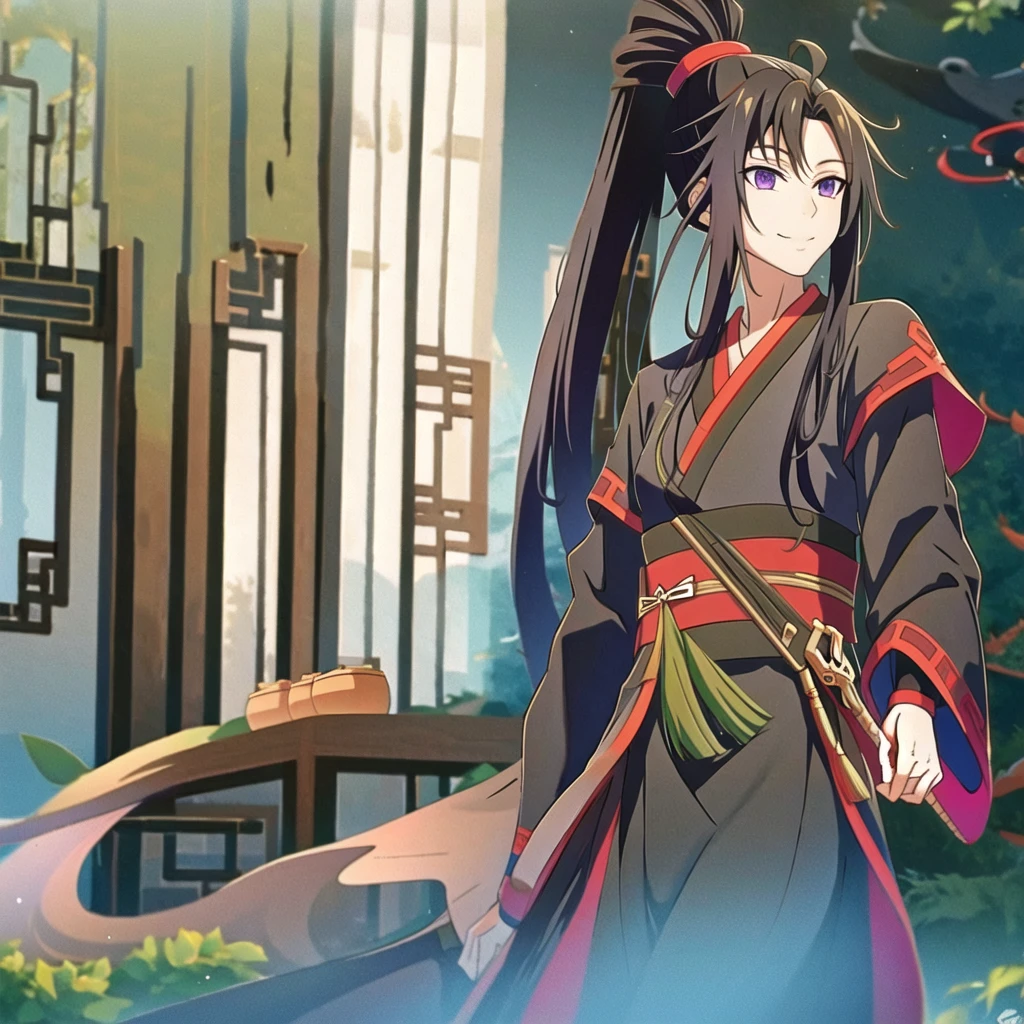 ( Best Quality, ancient china, A girl, long green chinese dress), long hair tied in two tomatoes, black hair, purple eyes