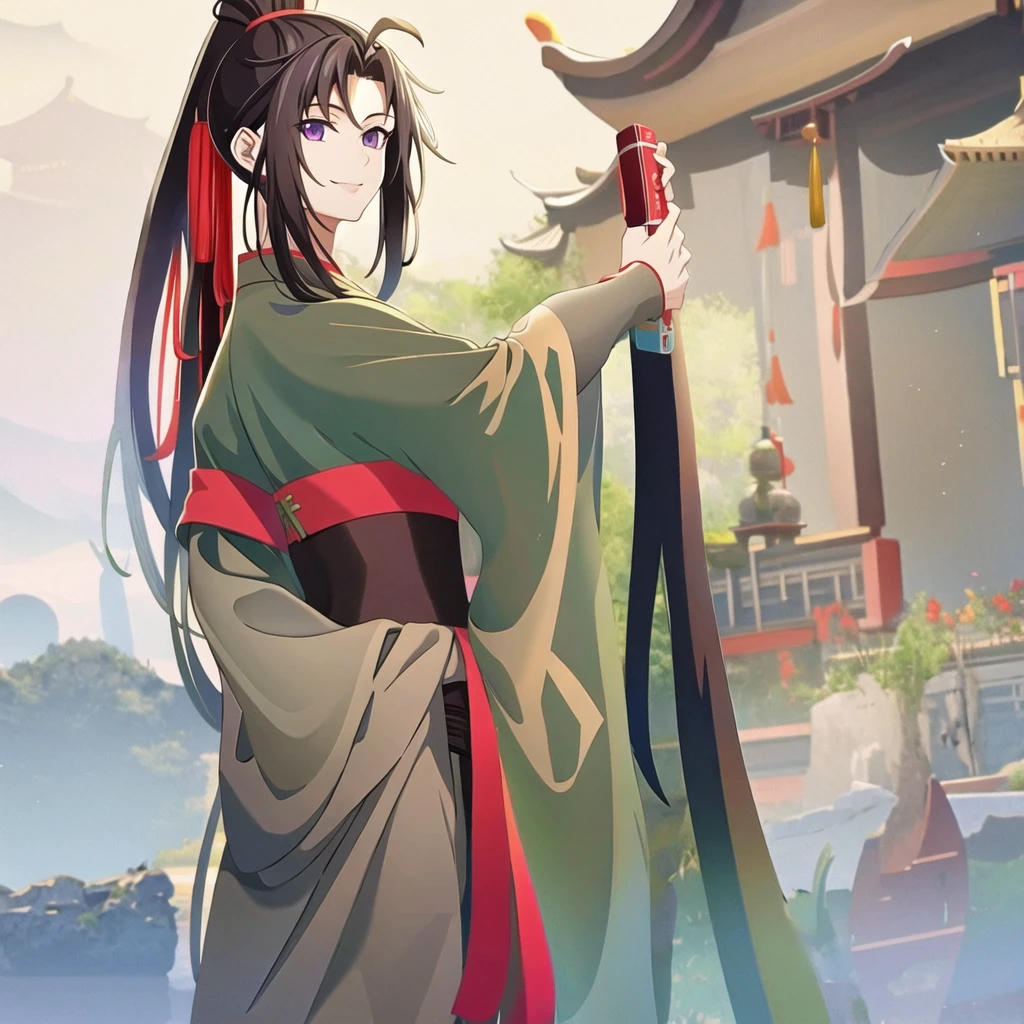 ( Best Quality, ancient china, A girl, long green chinese dress), long hair tied in two tomatoes, black hair, purple eyes